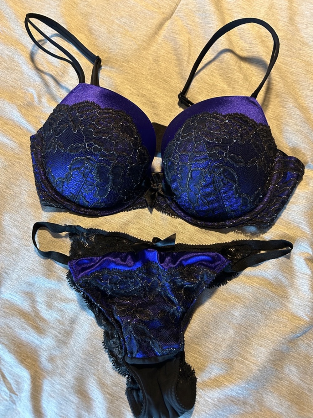 Purple Satin & Black Lace Push-Up Bra and Thong Set - Women Intimates